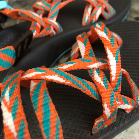 Womens Chaco Sandals size 6 with Toe Strap Standard Width Orange Aqua White - Picture 5 of 7